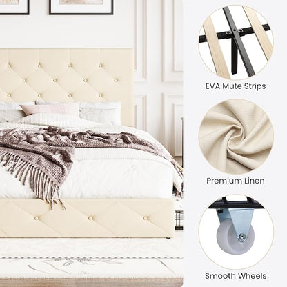 SHA CERLIN Upholstered Queen Size Platform Bed Frame with 4 Storage Drawers, Adjustable Headboard with Diamond Stitched Button Tufted Design, Wooden Slat Support, No Box Spring Needed, Beige