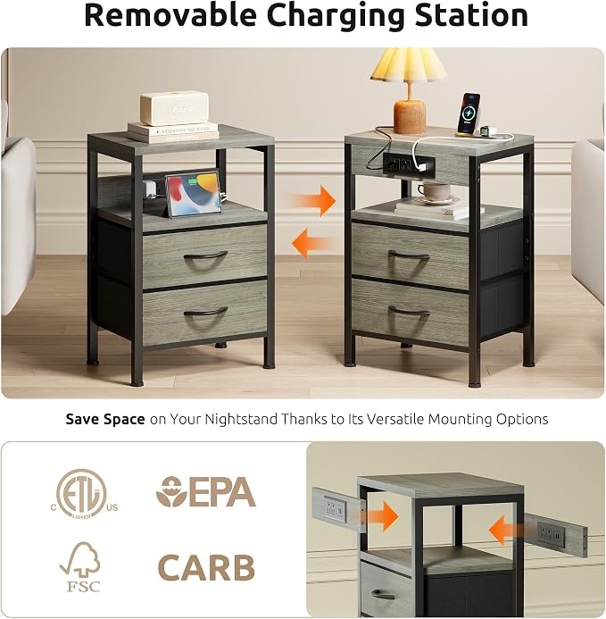 Lazzanto NightStand Bedside Charging Table Bedroom - Night Stand with Charger Station, Modern Nightstand with Open Shelf & 2 Fabric Drawers, End Table with USB-C USB Ports & AC Outlets for Dorm, Grey