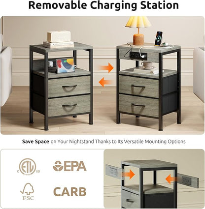Lazzanto NightStand Bedside Charging Table Bedroom - Night Stand with Charger Station, Modern Nightstand with Open Shelf & 2 Fabric Drawers, End Table with USB-C USB Ports & AC Outlets for Dorm, Grey