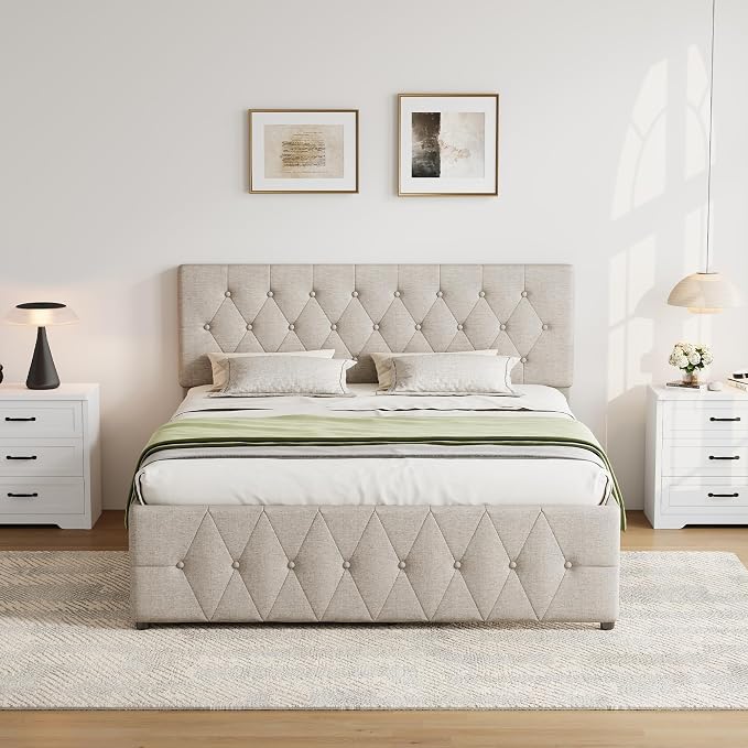 Queen Bed Frame with 2 Wood Storage Drawers & Pull‑Out Trundle Bed,Upholstered Platform Bed Frame Queen Size with Adjustable Headboard,Wooden Slats Support,No Box Spring Needed,Taupe