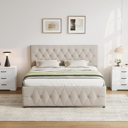 Queen Bed Frame with 2 Wood Storage Drawers & Pull‑Out Trundle Bed,Upholstered Platform Bed Frame Queen Size with Adjustable Headboard,Wooden Slats Support,No Box Spring Needed,Taupe