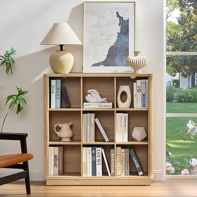 Joaxswe 9 Cube Storage Book Shelf, 41" Tall Organizer Bookshelf with Curved Edge, Modern Floor Standing 3-Tier Cubby Bookcase with Base, Wood Display Book Case for Living Room, Home Office,Natural Oak