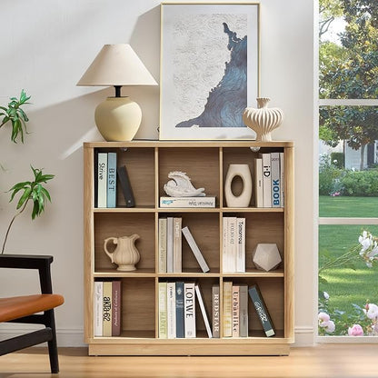 Joaxswe 9 Cube Storage Book Shelf, 41" Tall Organizer Bookshelf with Curved Edge, Modern Floor Standing 3-Tier Cubby Bookcase with Base, Wood Display Book Case for Living Room, Home Office,Natural Oak