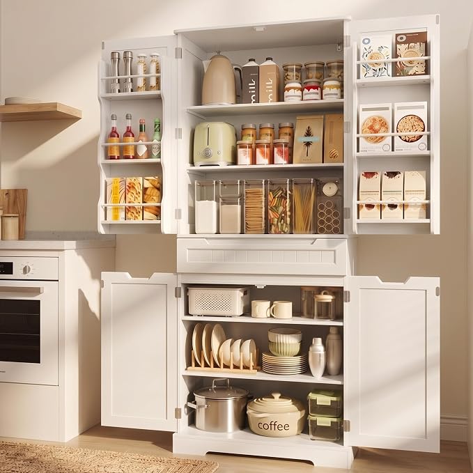 Gizoon 70" Tall Kitchen Pantry Cabinet with Doors and Adjustable Shelves, Pantry Storage Cabinet with Drawer Freestanding Organizer for Small Kitchen Bathroom Laundry Room, Painted White