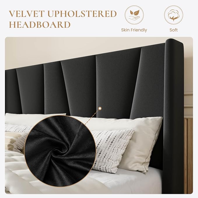 SHA CERLIN Queen Size Bed Frame with Geometric Wingback Headboard, Upholstered Platform Bed with Wooden Slats Support, 8" Under-Bed Space, No Box Spring Needed, Easy Assembly, Black