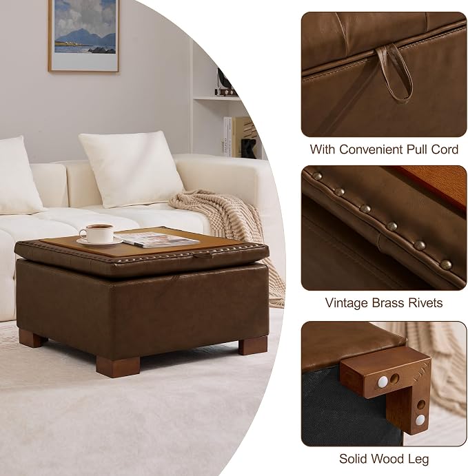 WUTUTUEE 30" Faux Leather Square Storage Ottoman with Wooden Tray, Modern Tufted Button Footstool Coffee Table, Upholstered Large Ottoman for Living Room, Bedroom, Coffee