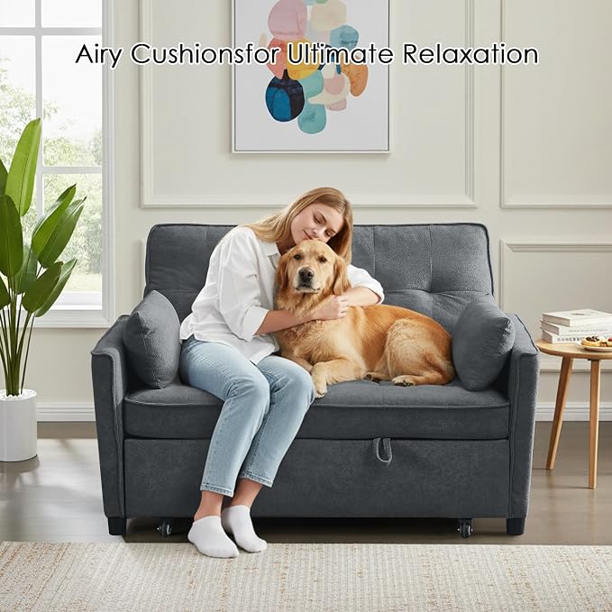 3 in 1 Convertible Sofa Bed, Pull Out Couch with Side Pocket, Sleeper Sofa with Adjustable Backrest | USB Charging Port | Two Pillows | Fabric | Charcoal Grey
