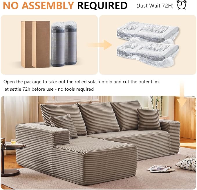 96" Modular Sectional Sofa, Modern Corduroy Cloud Couch with Deep Seat, Boneless Couch Upholstered 3-Seater L-Shaped Sofa for Living Room, No Assembly Required (Camel, Left-Facing Chaise)