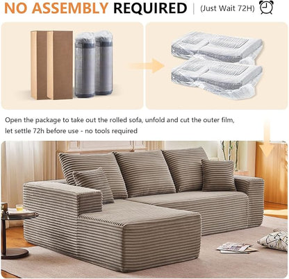 96" Modular Sectional Sofa, Modern Corduroy Cloud Couch with Deep Seat, Boneless Couch Upholstered 3-Seater L-Shaped Sofa for Living Room, No Assembly Required (Camel, Left-Facing Chaise)