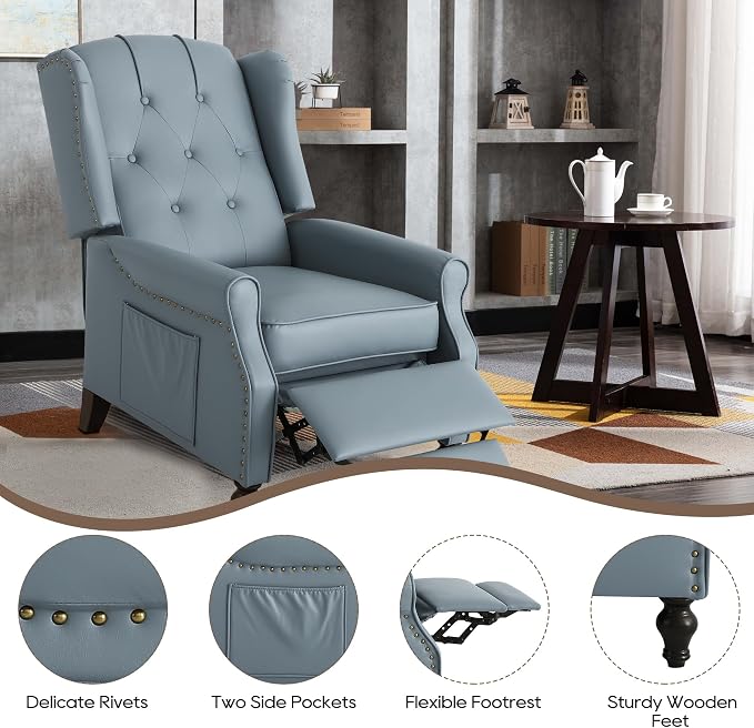 Wingback Recliner Chair with Massage and Heat, Tufted PU Leather Push Back Arm Chair for Living Room Vintage Recliner Chair with Remote Control, Padded Cushion, Backrest (Blue-PU)
