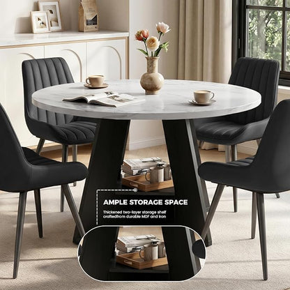47.3 Inch Round Dining Table Set for 4, Round Kitchen Table with Chairs, Space Saving Dining Room Table set with Storage Shelf for Apartment Kitchen Dining Room, Faux Marble Table+4 Black Chairs