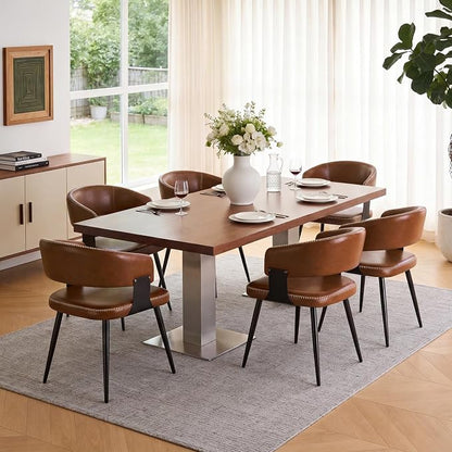 Dining Chairs Set of 6, Modern Upholstered Faux Leather Kitchen Chairs with Elegant Stitching, Easy to Assemble & Clean for Dining Room, Restaurant, Cafe, Vintage Brown