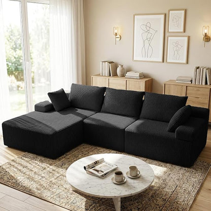 kinmars 108" Boneless Sectional Couch,Corduroy Cloud Couch Sectional for Living Room,Modern L Shaped Modular Sectional Couch,3 Seater Sofa (Black, 108.9" L Shaped with Left Facing Chaise)