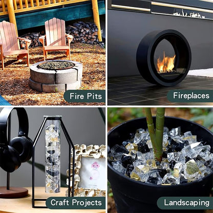 Onlyfire 10 Pounds Blended Reflective Fire Glass for Fire Pit Fireplace and Landscaping, 1/4 Inch Mixed Colored High Luster Fireglass Rocks for Outdoor and Indoor Use - Onyx Black+Platinum+Gold