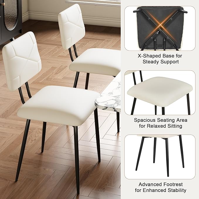 VECELO Dining Chairs Set of 4, Modern Upholstered Kitchen Chairs with Faux Leather Cushion Seat & Metal Legs for Kitchen, Living Room, Tufted Backrest Design, Beige