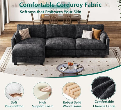 Modular Sectional L Shaped Sofa Couches for Living Room, Cloud Couch with Storage Ottoman, Comfy Chenille Sofa with Pillow, Black