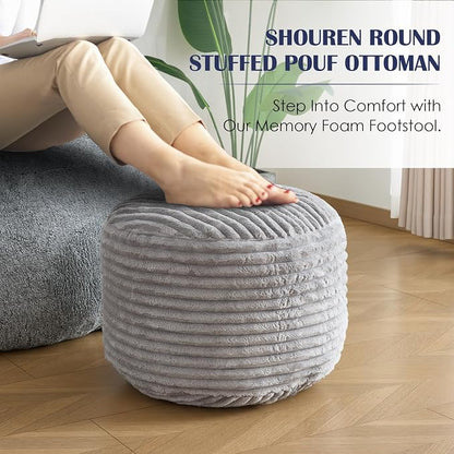 Round Ottoman,Corduroy Pouf Ottoman Foot Rest,Light Grey,18x14 IN | Storage Footstool for Living Room,18x14 Soft Floor Poufs,Memory Foam Filling,Footrest only