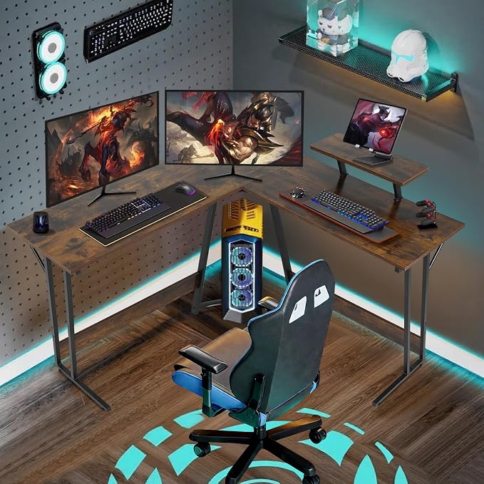51 Inch L Shaped Gaming Desk Corner Computer Desk with Detachable Monitor Stand for Home Office Learning Gaming Workstation,Brown