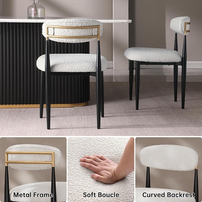 Morden Fort Modern Dining Table Set for 4, 70" Kitchen Table with Marble Rectangle Top and Black Fluted Base, 4 Boucle Upholstered Chairs for Dining Room, Restaurant and Reception