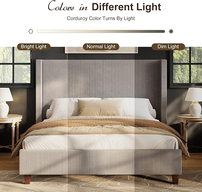 HOWE Queen Size Bed Frame with 50.8 Inch Corduroy Wingback Headboard, Taupe | Modern Upholstered Platform Bed, Solid Wood Slats, No Box Spring Needed, Noise-Reducing Design