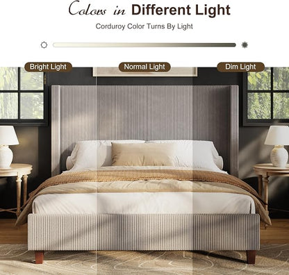 HOWE Queen Size Bed Frame with 50.8 Inch Corduroy Wingback Headboard, Taupe | Modern Upholstered Platform Bed, Solid Wood Slats, No Box Spring Needed, Noise-Reducing Design