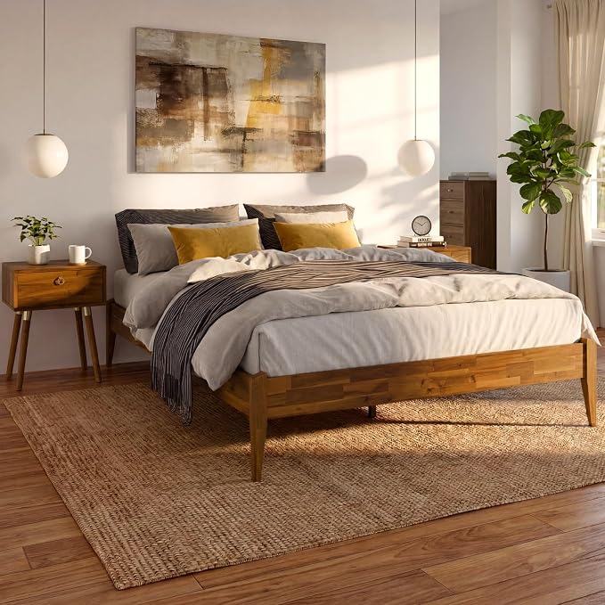 Bme Dinkee Wooden Queen Bed Frame, 15 Inch Height, Elegant Minimalist Modern Design with Japanese Joinery, Durable Wood Slats for Reliable Support, No Box Spring Required, Caramel
