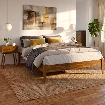 Bme Dinkee Wooden Queen Bed Frame, 15 Inch Height, Elegant Minimalist Modern Design with Japanese Joinery, Durable Wood Slats for Reliable Support, No Box Spring Required, Caramel