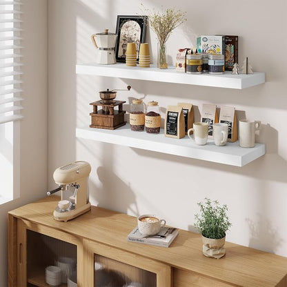 Fun Memories Floating Shelves Set of 3, 40 Inch Long Wooden Wall Shelves, 10 Inch Deep Wall Mounted Storage Shelf with Metal Brackets for Living Room, Bathroom, Bedroom and Kitchen, White