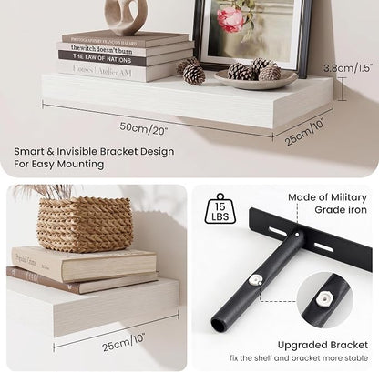 Fun Memories Wood Floating Shelves 20 Inch, 10 Inch Deep Shelves Wall Mount, Wall Shelves with Invisible Bracket, 20" Floating Shelves for Living Room Bathroom Bedroom, White, Set of 2