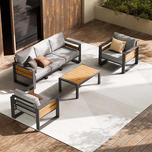 ZANDOR Aluminum Outdoor Patio Furniture Set with Table,5 Seat, Grey | Rustproof,High weight capacity,Water-repellent,Washable Cover,All-Weather Resistant,Easy clean,for Poolside Backyard Deck