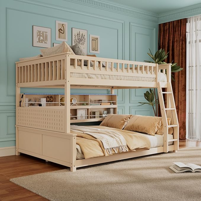 Full XL Over Queen Bunk Bed, Wood Bunk Bed with Integrated Shelving, Color-Changing Lights and Pegboard for Kids Teens Adults, Beige