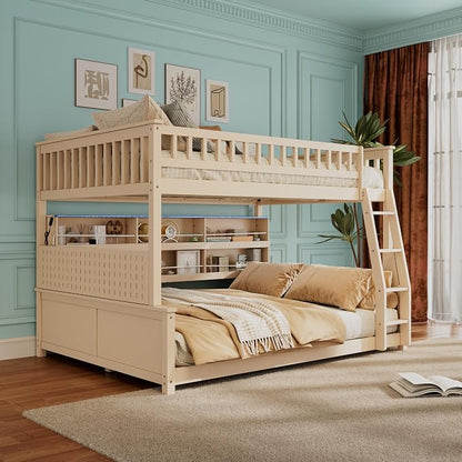 Full XL Over Queen Bunk Bed, Wood Bunk Bed with Integrated Shelving, Color-Changing Lights and Pegboard for Kids Teens Adults, Beige