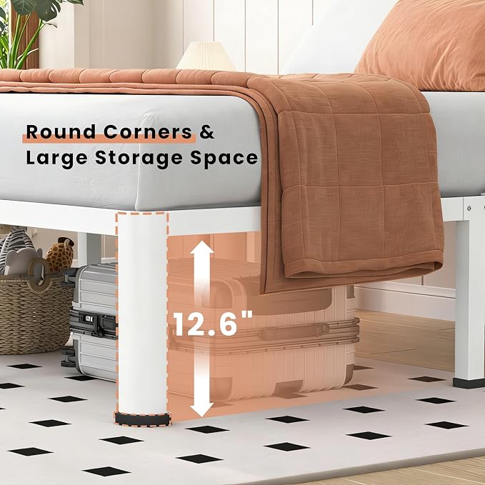 VIPSHOW 14 Inch White Twin Heavy Duty 3500 lbs Bed Frame with Round-Corner Legs & Anti-Squeak Design – Quick Assembly Metal Platform, No Box Spring Needed