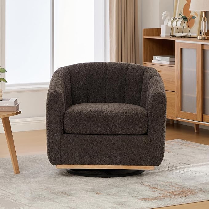 Swivel Barrel Chair, 360 Degree Round Swivel Accent Chair for Living Room, Mid Century Modern Upholstered Accent Chair,Comfy Tufted Sofa Armchairs for Bedroom,Nursery,Boucle,Charcoal
