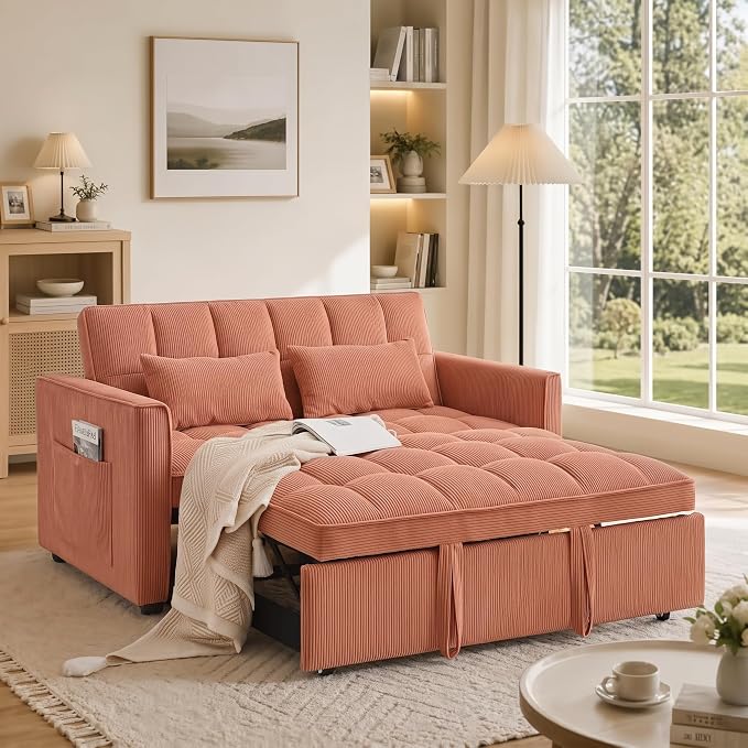 3 in 1 Convertible Sofa Bed, Corduroy Fabric Sleeper Sofa Bed, Modern Pull Out Couch with Side Pockets, Sleeper Couch with Adjustable Backrest for Living Room, Bedroom, Orange