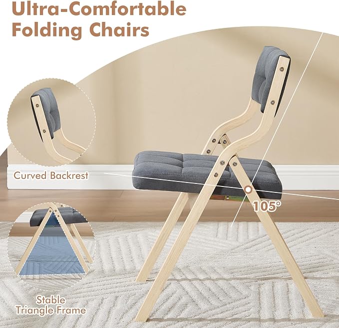 2-Pack Folding Dining Chairs with Cushion,Linen Padded Foldable Dining Chairs,Portable Wooden Folding Chairs for Dining Rooms Kitchen Wedding and Party Indoor Darkgrey