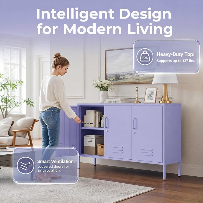 Purple Wide Metal Storage Cabinet, 32" H Heavy Duty Steel Locker with Lock, 2 Adjustable Shelves & Ventilated Doors for Home Office Kitchen Living Room