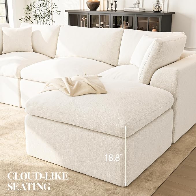 Cloud Sectional Couches for Living Room | 7 Seater U-Shaped Boneless Couch with Ottoman | Ivory White Modular Sectionals Sofa Couch