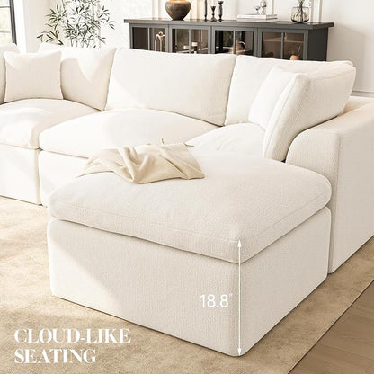 Cloud Sectional Couches for Living Room | 108 Inch U-Shaped Boneless Couch with Ottoman | Ivory White Modular Sectionals Sofa Couch