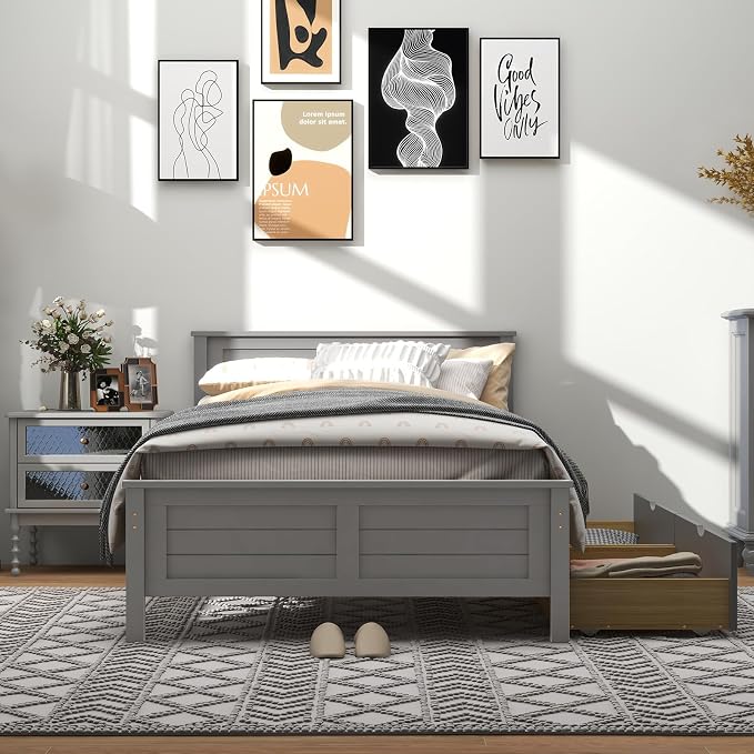 GOFLAME Twin Size Bed Frame with 2 Drawers, Platform Bed with Solid Wood Headboard & Footboard, Wood Slats Support Mattress Foundation, Under Bed Storage, No Box Spring Needed, Easy Assembly, Grey