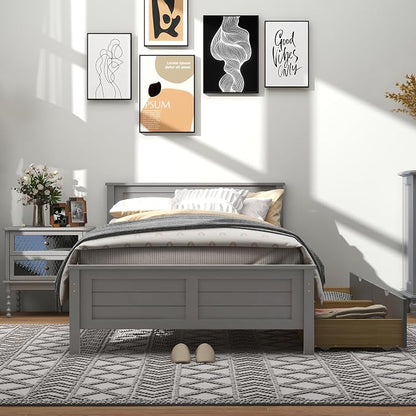 GOFLAME Twin Size Bed Frame with 2 Drawers, Platform Bed with Solid Wood Headboard & Footboard, Wood Slats Support Mattress Foundation, Under Bed Storage, No Box Spring Needed, Easy Assembly, Grey