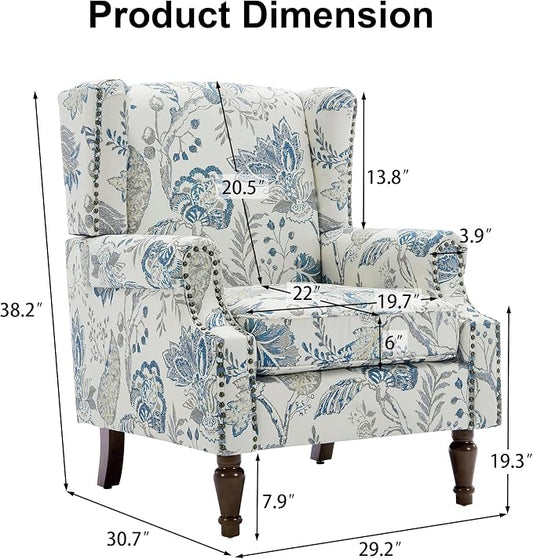 Pia Ricco Set of 2 Floral Accent Chairs, High Back Upholstered Armchairs with Retro Wingback Design, Nailhead Trim & Solid Wood Legs for Living Room Bedroom(Plants Blue)