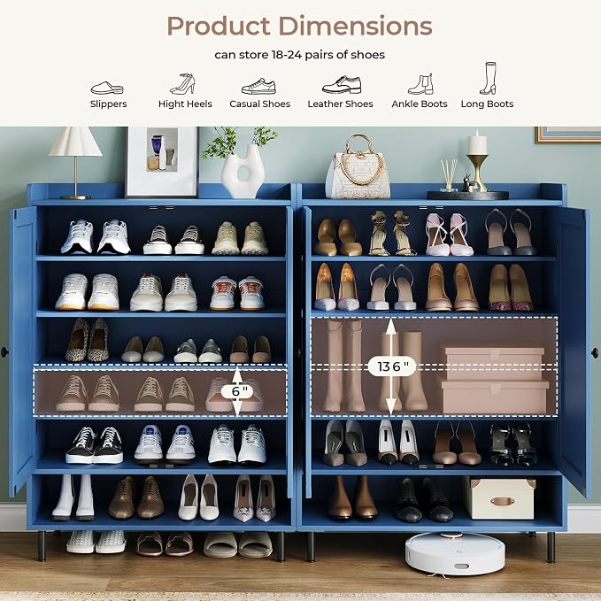 Shoe Storage Cabinet with 2 Doors, 6-Tier Shoe Cabinet with 3 Adjustable Shelves and Metal Legs, 45'' Tall Shoe Rack Organizer Cabinet for Entryway, Front Door, Blue