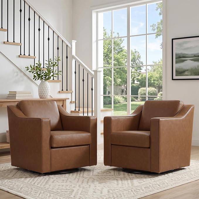 Swivel Accent Chair, Modern Round Barrel Arm Chair for Living Room, Bedroom, Comfy Club Reading Chairs for Adults (Leather Coffee, Set of 1)