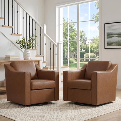 Swivel Accent Chair, Modern Round Barrel Arm Chair for Living Room, Bedroom, Comfy Club Reading Chairs for Adults (Leather Coffee, Set of 2)