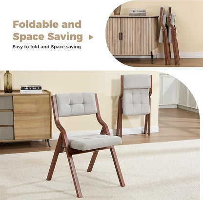 Folding Chairs with Cushion Set of 4,Padded Foldable Dining Chairs,Portable Wooden Folding Dining Chairs for Dining Room Kitchen Wedding Party Indoor Linen Walnut Lightgrey