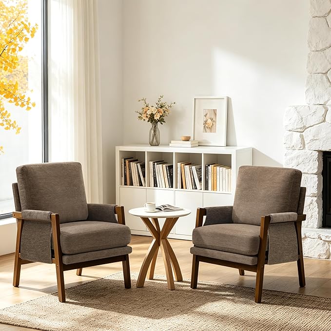 RNKSFX Dark Brown Accent Chair for Bedroom & Living Room, Mid Century Modern Accent Arm Chair, Upholstered Anthropologie Accent Chair with Solid Wood Frame, Fabric