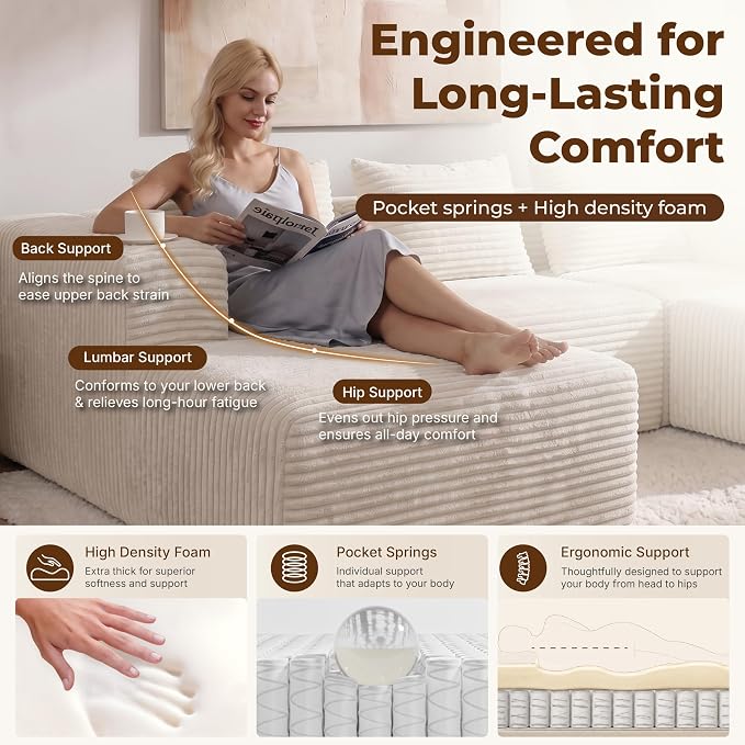 Modular Sectional U-Shaped Sofa with Deep Seat, Modern Boneless Comfy Corduroy Fluffy Couch with Side Pockets and Anti-Slip & Floor-Friendly Bottom for Living Room, No Assembly, White