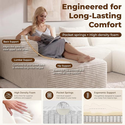 Modular Sectional U-Shaped Sofa with Deep Seat, Modern Boneless Comfy Corduroy Fluffy Couch with Side Pockets and Anti-Slip & Floor-Friendly Bottom for Living Room, No Assembly, White