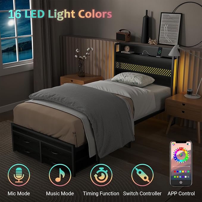 Zevemomo Twin Bed Frame with Drawers, Twin Metal Bed Frame with LED Light and Charging Station, Heavy Duty Metal Slats, No Box Spring Needed, Black